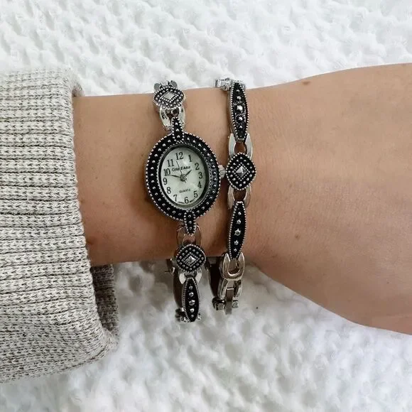 Vintage Coted Azur Black and Silver Watch and Bracelet Set